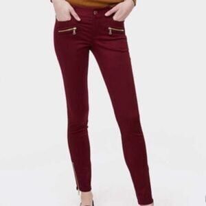 Ann Taylor LOFT Skinny Jean Size 6 Marisa Burgundy Moto Gold Ankle Pocket Zipper